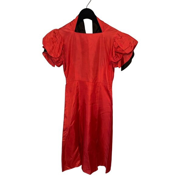 Vtg 40s Red Acetate Tafetta Dress Puff Sleeves Side Snaps Midi Length Womens - Picture 1 of 5